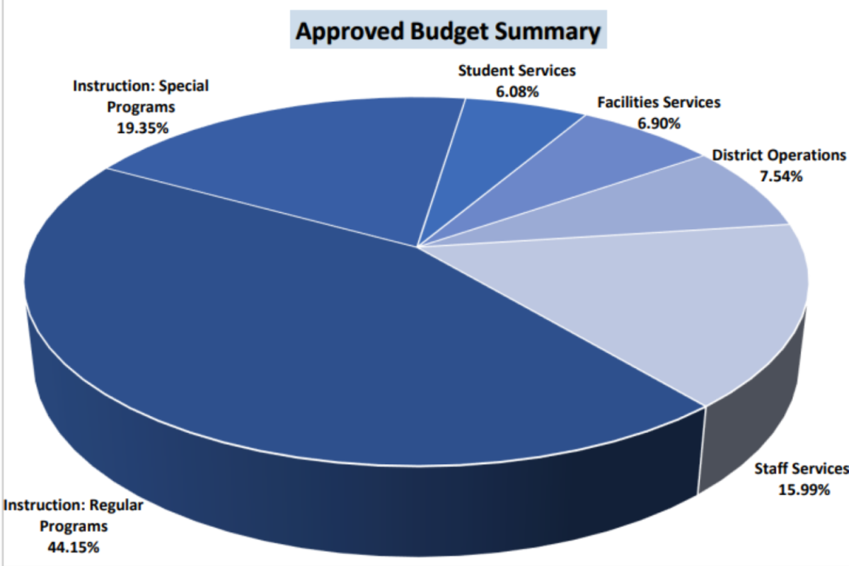 The approved budget summary for the South Windsor Board of Education. Everything is a percent of $98,880,328. (Image from South Windsor Board of Ed)