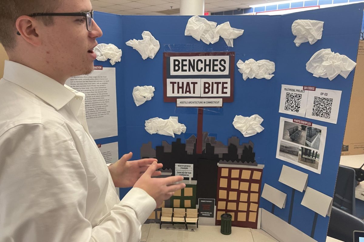 Senior Owen Doyle Rodriguez presents his findings on hostile architecture at the ECE conference. (Photo courtesy of Mrs. Quinn)